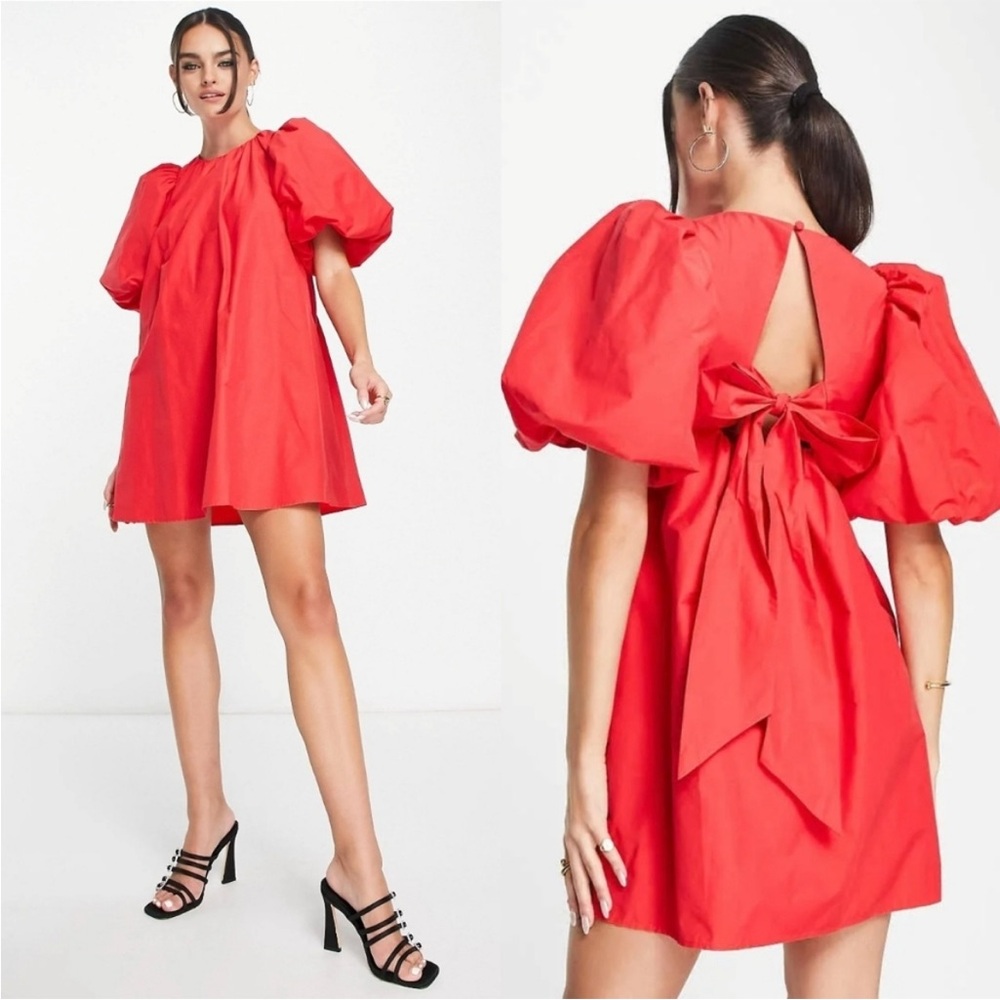 NWT & Other Stories Red open back volume Puff Sleeve mini Dress
